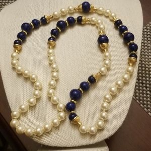 Vtg. Lapis Lazuli & Glass Pearl Necklace